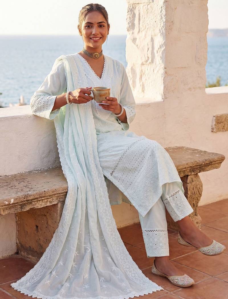 Women Ethnic Motifs Embroidered Regular Chikankari Pure Cotton Kurta with Trousers & With Dupatta