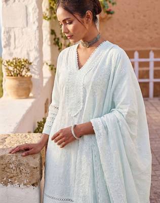 Women Ethnic Motifs Embroidered Regular Chikankari Pure Cotton Kurta with Trousers & With Dupatta 3