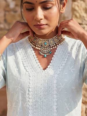 Women Ethnic Motifs Embroidered Regular Chikankari Pure Cotton Kurta with Trousers & With Dupatta 5