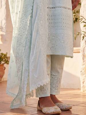 Women Ethnic Motifs Embroidered Regular Chikankari Pure Cotton Kurta with Trousers & With Dupatta 6