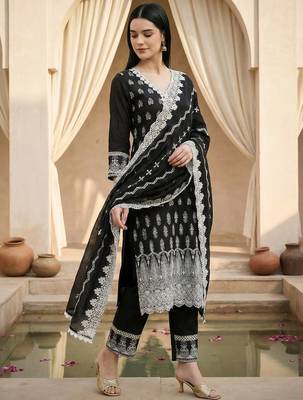 Women Ethnic Motifs Embroidered Regular Thread Work Pure Cotton Kurta with Trousers & With Dupatta 1