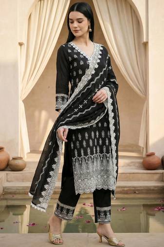 Women Ethnic Motifs Embroidered Regular Thread Work Pure Cotton Kurta with Trousers & With Dupatta