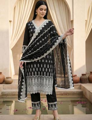 Women Ethnic Motifs Embroidered Regular Thread Work Pure Cotton Kurta with Trousers & With Dupatta 3