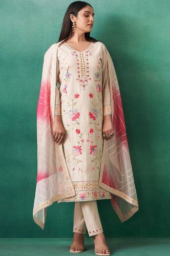 Women Floral Embroidered Regular Mirror Work Kurta with Trousers & With Dupatta