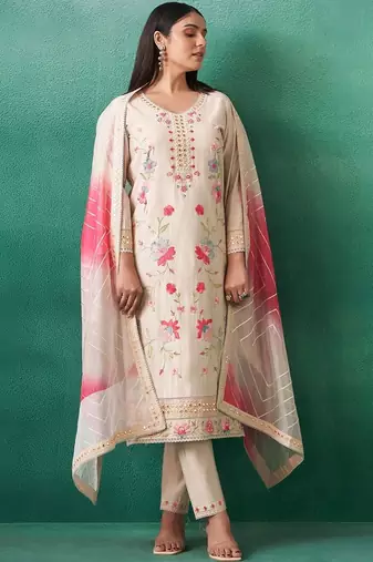 Women Floral Embroidered Regular Mirror Work Kurta with Trousers & With Dupatta
