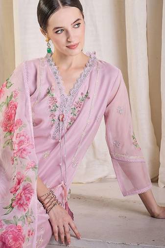 Floral Embroidered Thread Work Kurta With Trousers & Dupatta