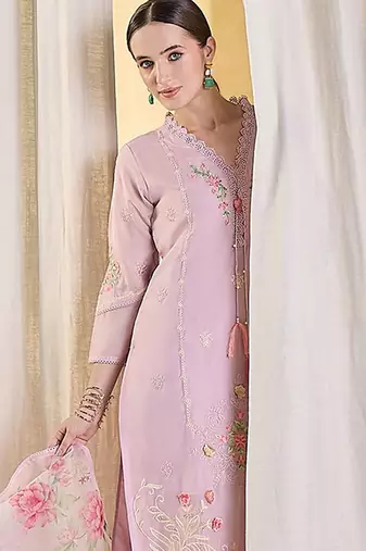 Floral Embroidered Thread Work Kurta With Trousers & Dupatta