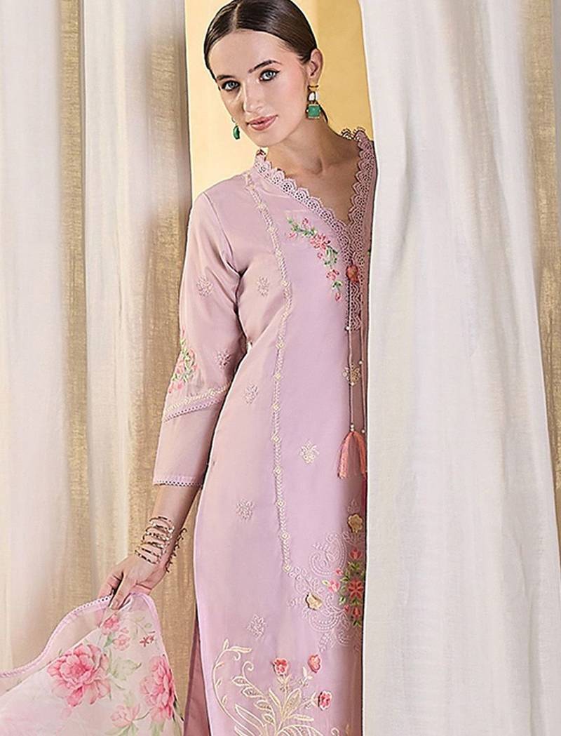 Floral Embroidered Thread Work Kurta With Trousers & Dupatta