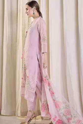 Floral Embroidered Thread Work Kurta With Trousers & Dupatta