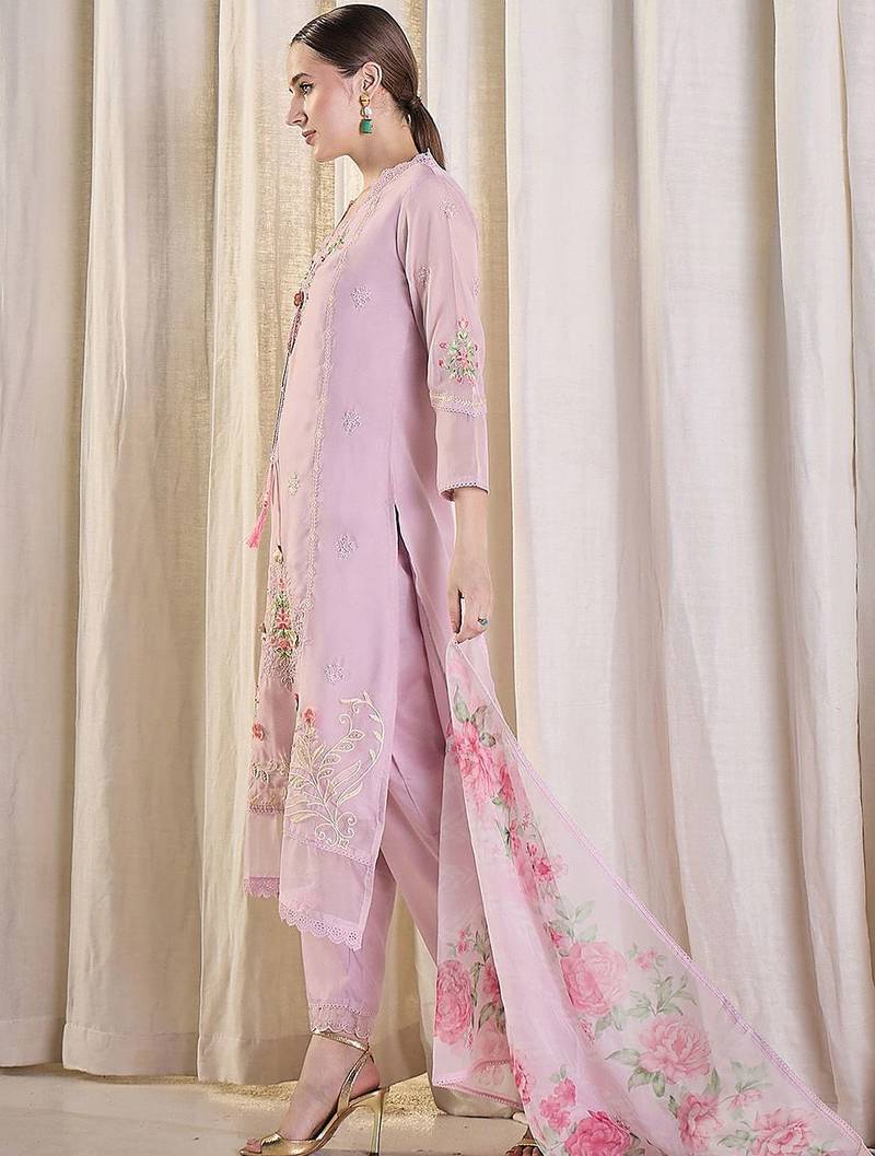Floral Embroidered Thread Work Kurta With Trousers & Dupatta