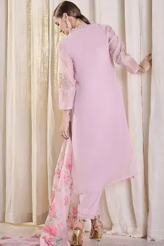 Floral Embroidered Thread Work Kurta With Trousers & Dupatta