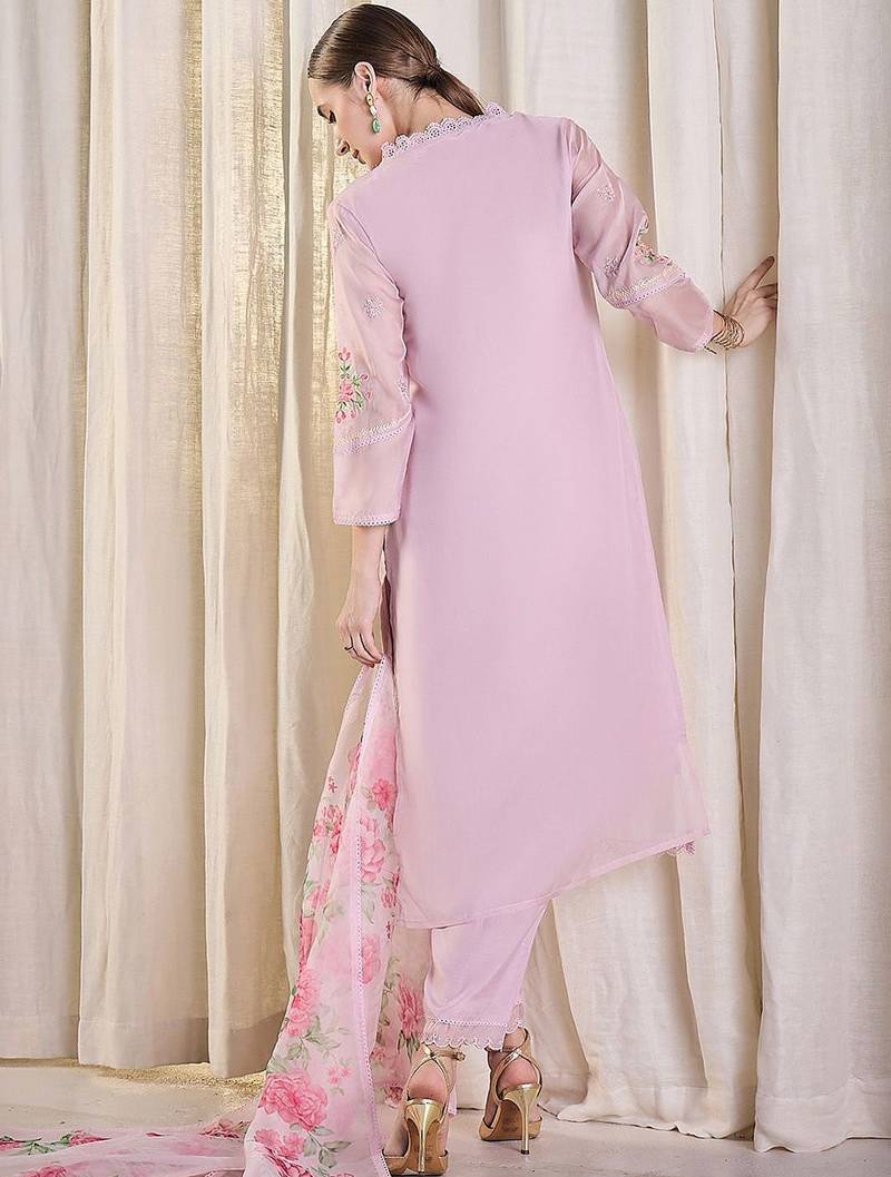 Floral Embroidered Thread Work Kurta With Trousers & Dupatta