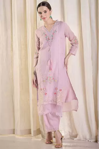 Floral Embroidered Thread Work Kurta With Trousers & Dupatta