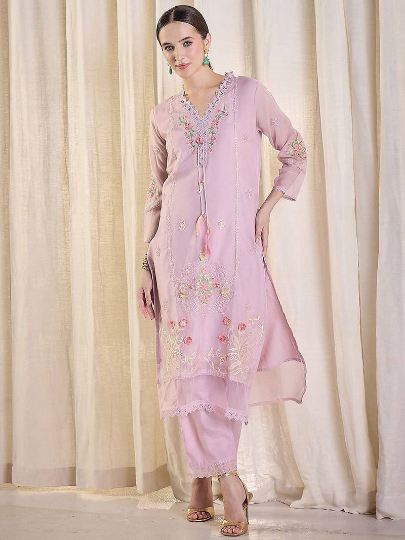 Floral Embroidered Thread Work Kurta With Trousers & Dupatta