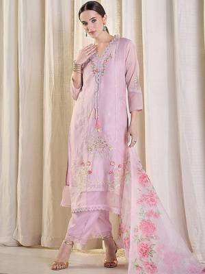 Floral Embroidered Thread Work Kurta With Trousers & Dupatta 6