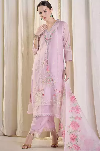 Floral Embroidered Thread Work Kurta With Trousers & Dupatta