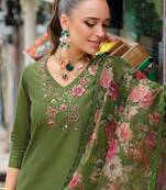 Floral Embroidered V-Neck Thread Work Liva Straight Kurta & Trousers With Dupatta