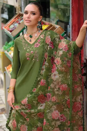 Floral Embroidered V-Neck Thread Work Liva Straight Kurta & Trousers With Dupatta