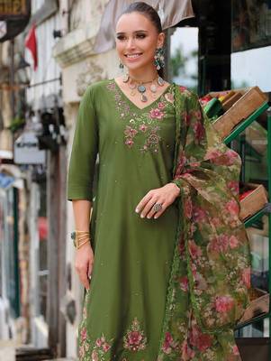Floral Embroidered V-Neck Thread Work Liva Straight Kurta & Trousers With Dupatta 5