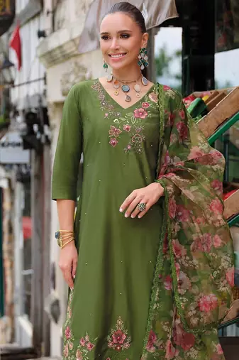 Floral Embroidered V-Neck Thread Work Liva Straight Kurta & Trousers With Dupatta