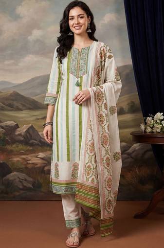 Women Printed Regular Sequinned Pure Cotton Kurta with Trousers & With Dupatta