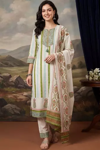 Women Printed Regular Sequinned Pure Cotton Kurta with Trousers & With Dupatta