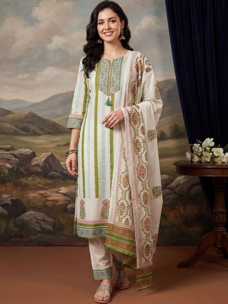 Women Printed Regular Sequinned Pure Cotton Kurta with Trousers & With Dupatta