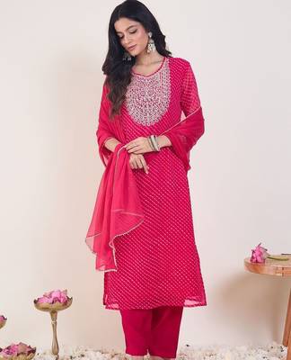 Women Leheriya Printed Regular Thread Work Kurta with Trousers & With Dupatta 1