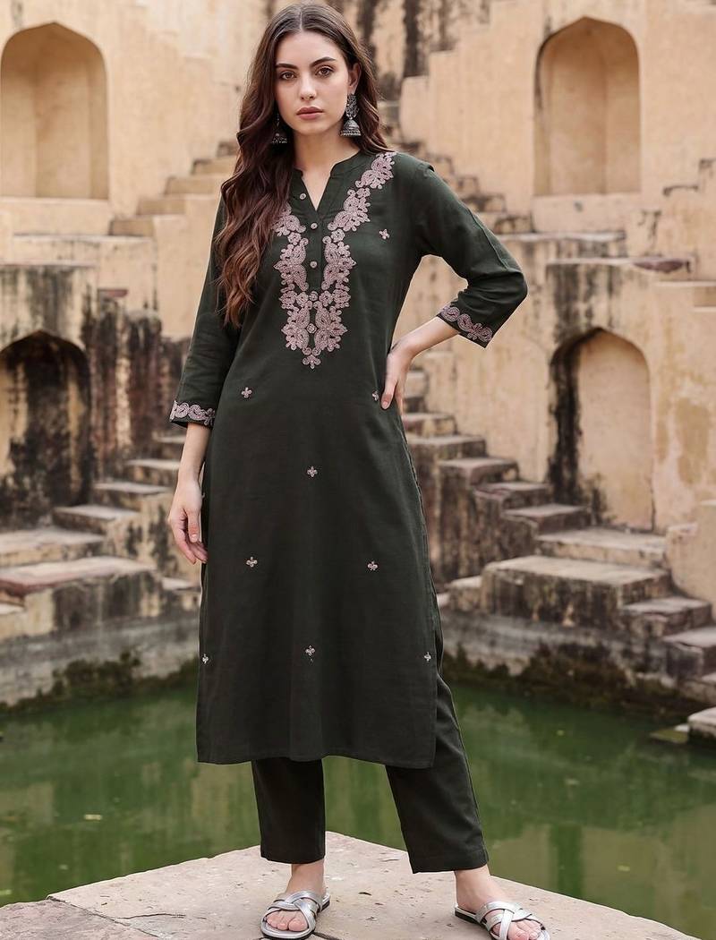 Women Floral Embroidered Regular Thread Work Pure Cotton Kurta with Trousers