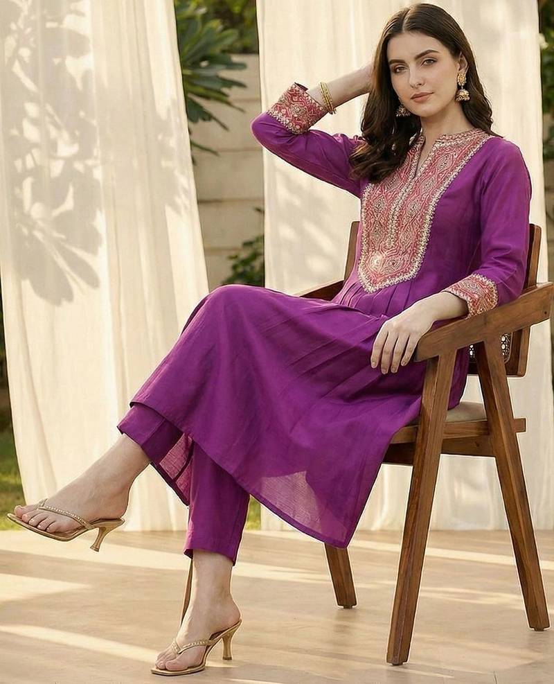 Women Ethnic Motifs Embroidered Pleated Mirror Work Kurta with Trousers
