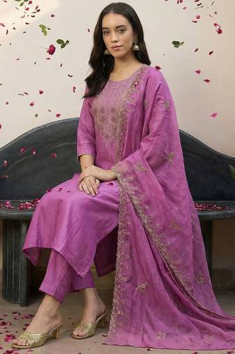 Lavender Embroidered Straight Kurta Trousers Dupatta Set Kurta Sets