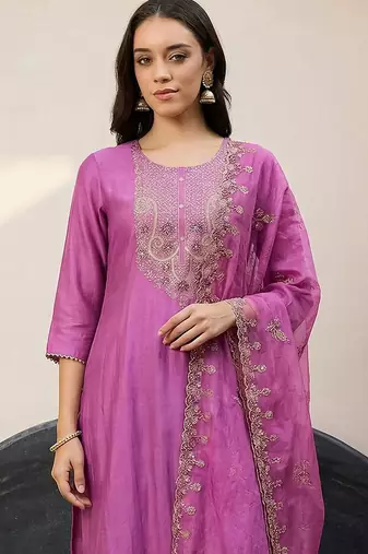 Lavender Embroidered Straight Kurta Trousers Dupatta Set Kurta Sets