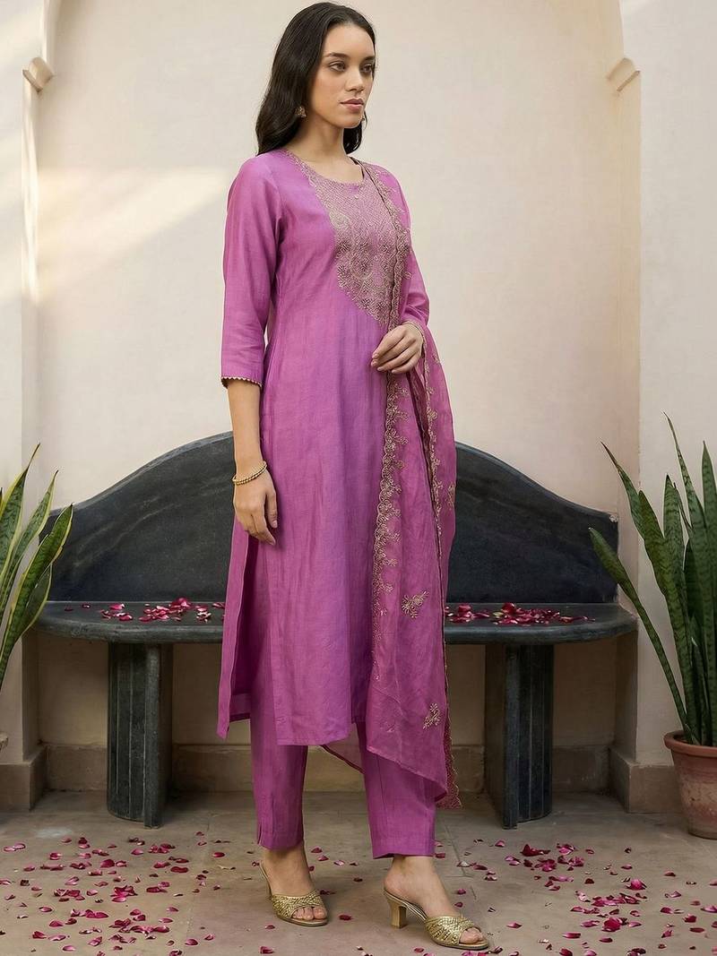 Lavender Embroidered Straight Kurta Trousers Dupatta Set Kurta Sets