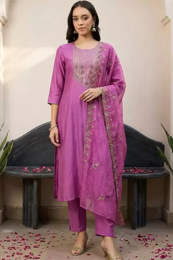 Lavender Embroidered Straight Kurta Trousers Dupatta Set Kurta Sets