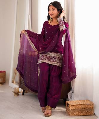 elegant wine kurta patiala set with embroidered border dupatta 1