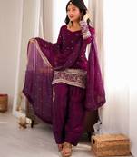 elegant wine kurta patiala set with embroidered border dupatta