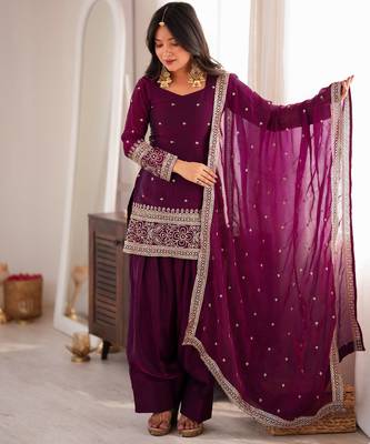 elegant wine kurta patiala set with embroidered border dupatta 2