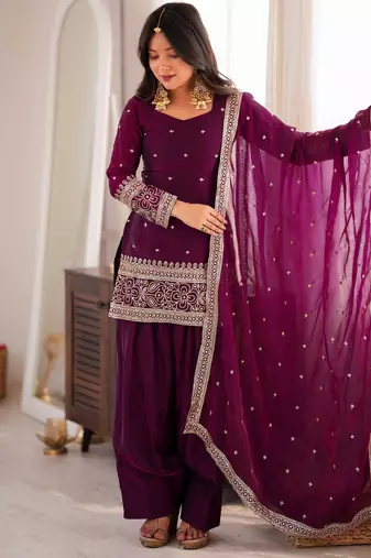 elegant wine kurta patiala set with embroidered border dupatta