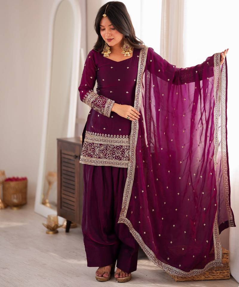 elegant wine kurta patiala set with embroidered border dupatta