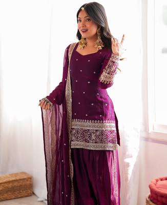 elegant wine kurta patiala set with embroidered border dupatta 3