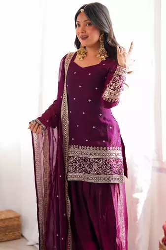 elegant wine kurta patiala set with embroidered border dupatta
