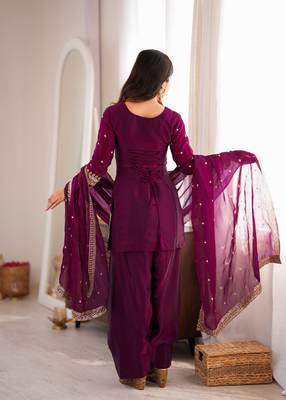 elegant wine kurta patiala set with embroidered border dupatta 4