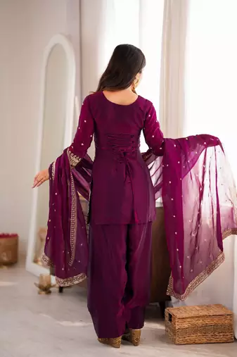 elegant wine kurta patiala set with embroidered border dupatta