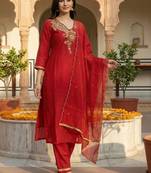 Women Ethnic Motifs Embroidered Regular Thread Work Liva Kurta with Trousers & With Dupatta