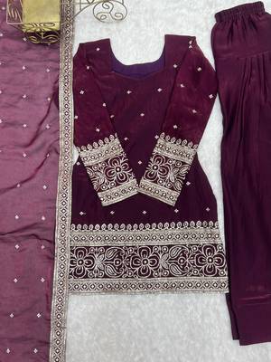 elegant wine kurta patiala set with embroidered border dupatta 5