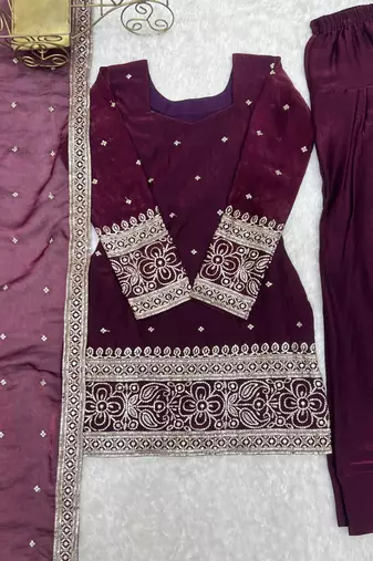 elegant wine kurta patiala set with embroidered border dupatta