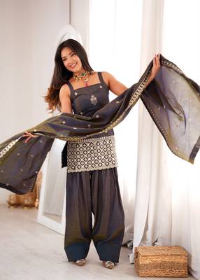 Women's dark grey embroidered patiala suit set with dupatta 1