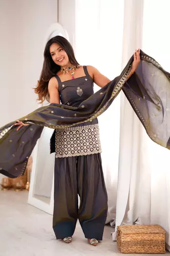 Women's dark grey embroidered patiala suit set with dupatta