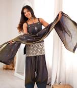 Women's dark grey embroidered patiala suit set with dupatta