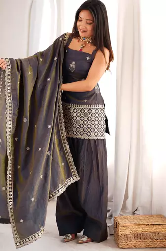 Women's dark grey embroidered patiala suit set with dupatta
